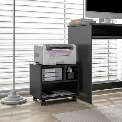 Mobile Printer Cabinet with Three Storage Compartments and Lockable Wheels, Black
