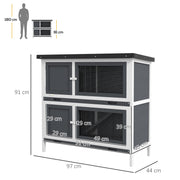Two Tier Wooden Rabbit Hutch With Slide Out Tray For Outdoor Use, Grey