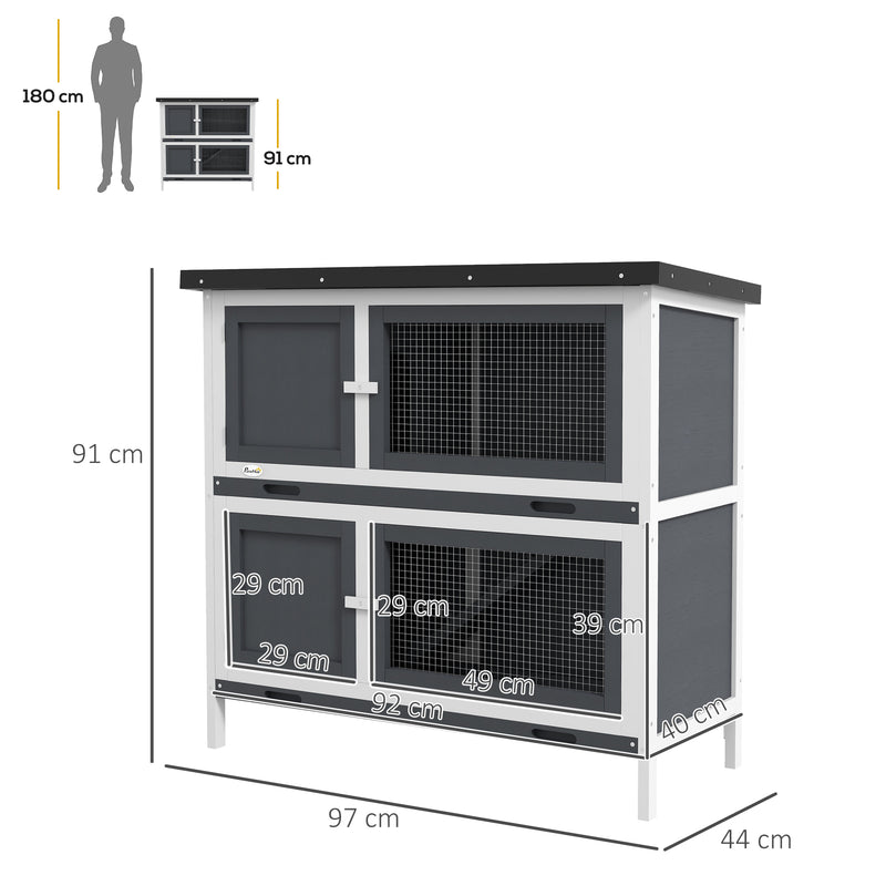Two Tier Wooden Rabbit Hutch With Slide Out Tray For Outdoor Use, Grey