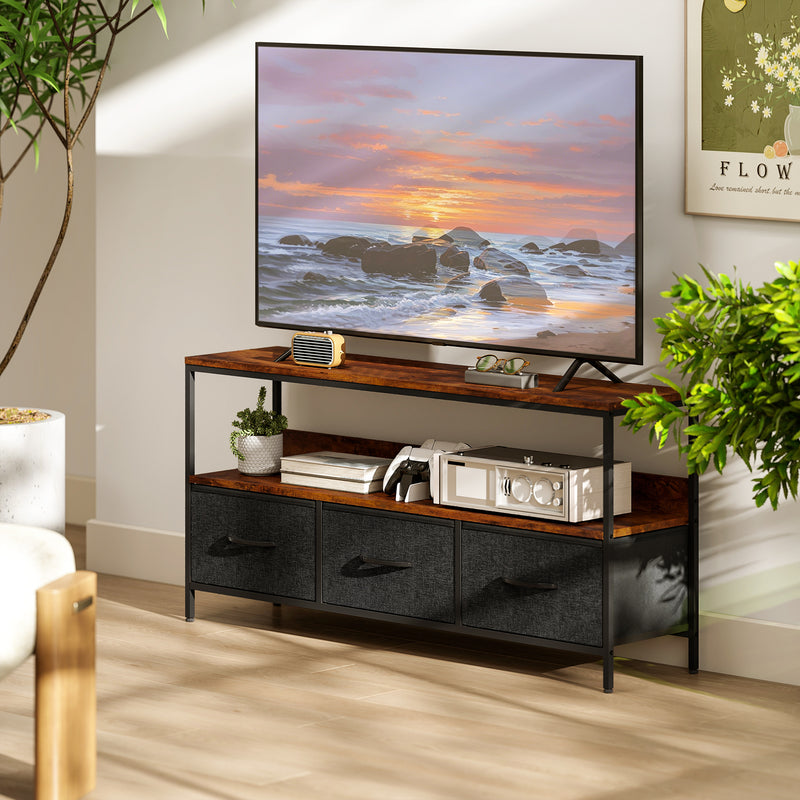 Industrial TV Stand Cabinet with 3 Foldable Fabric Storage Drawers for Living Room