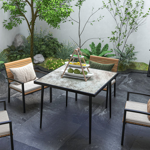 Grey Square Garden Table For 4 With Marble Effect Glass Top And Steel Frame Patio Use