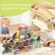 79 Piece Wooden Train Set with Crane and Helicopter Fun Mine Themed Track for Kids, Natural AOSOM