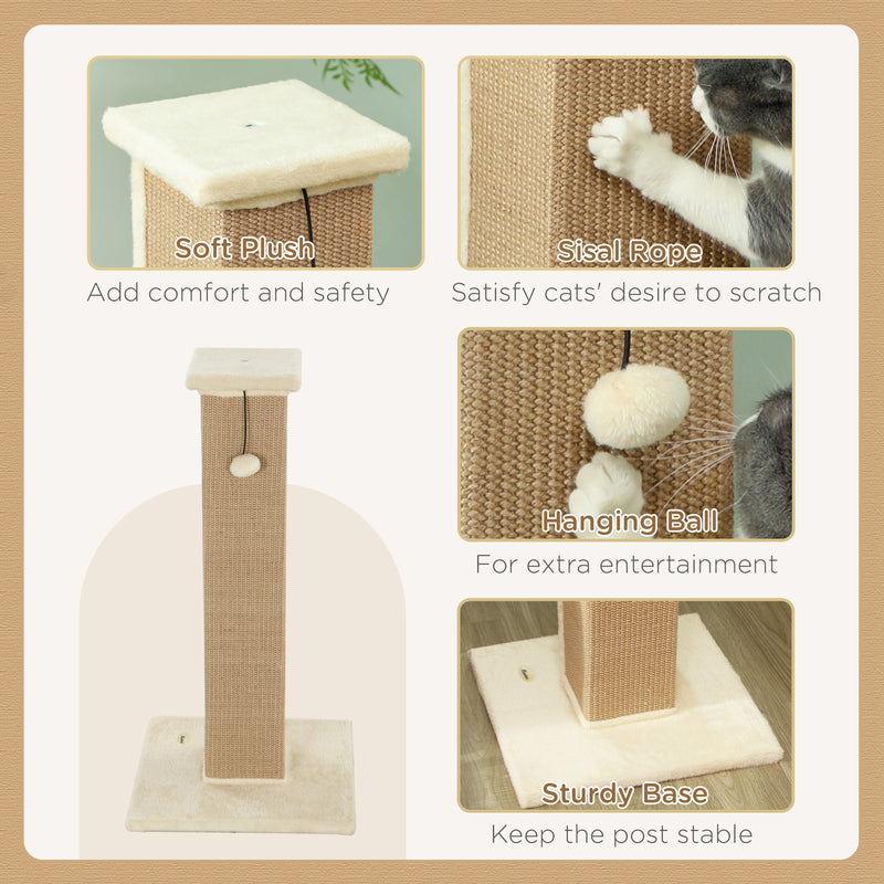 81cm Beige Cat Scratcher with Jute Rope Hanging Ball and Soft Plush Cover by PawHut