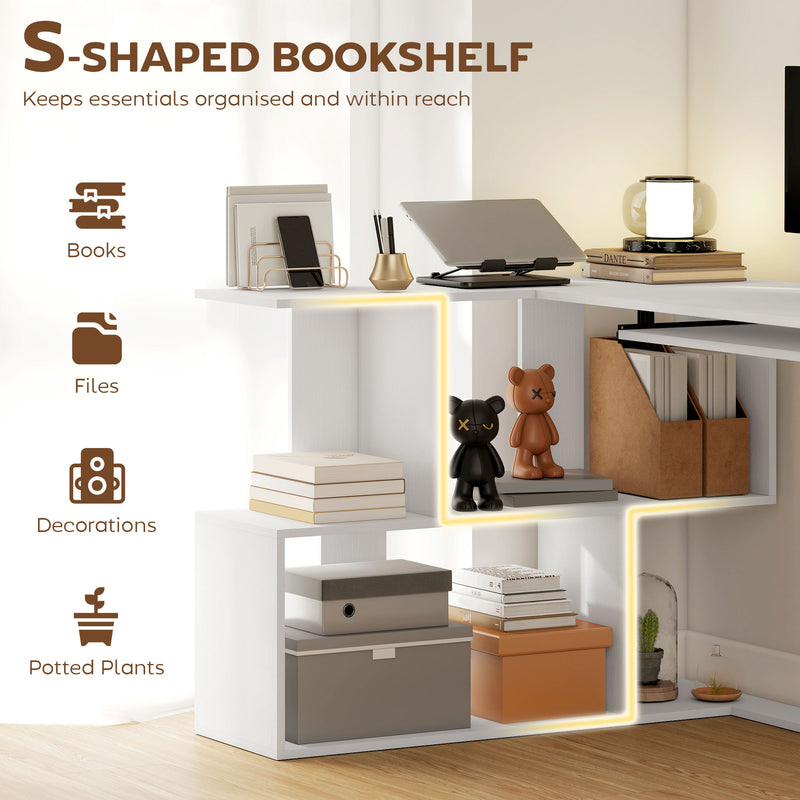 L Shaped Corner Desk with Shelves and Keyboard Tray for Small Home Office White