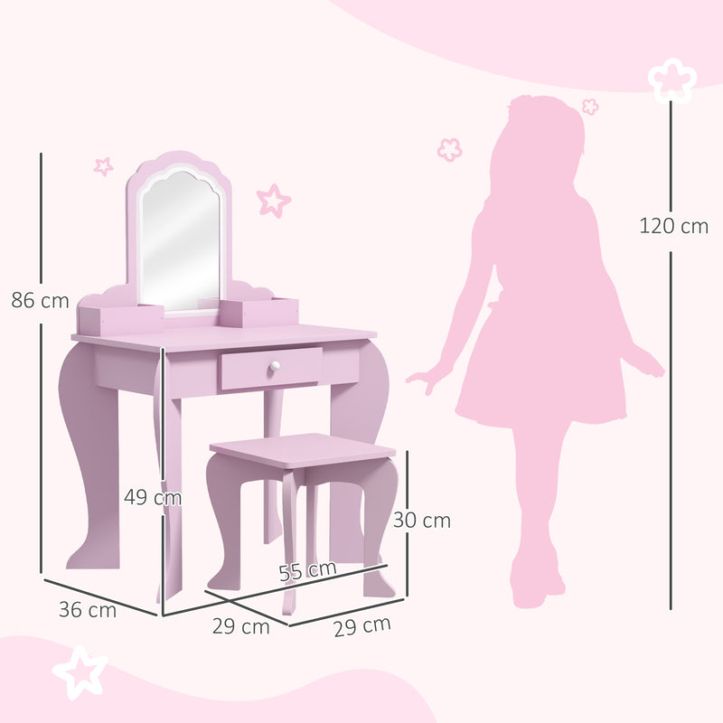Kids Vanity Table Set with Mirror Stool and Storage for Ages 3 to 6 Years, Pink