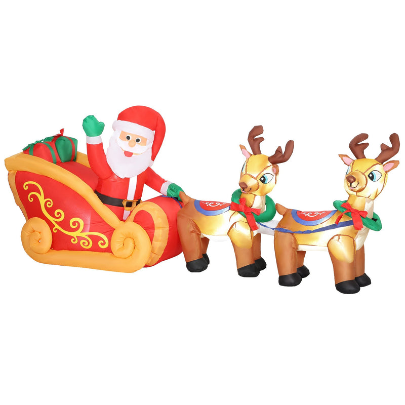 Inflatable Santa in a sleigh pulled by two reindeer on a white background