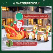 Inflatable sleigh scene with tether and ground stake close-ups and a polyester fabric label