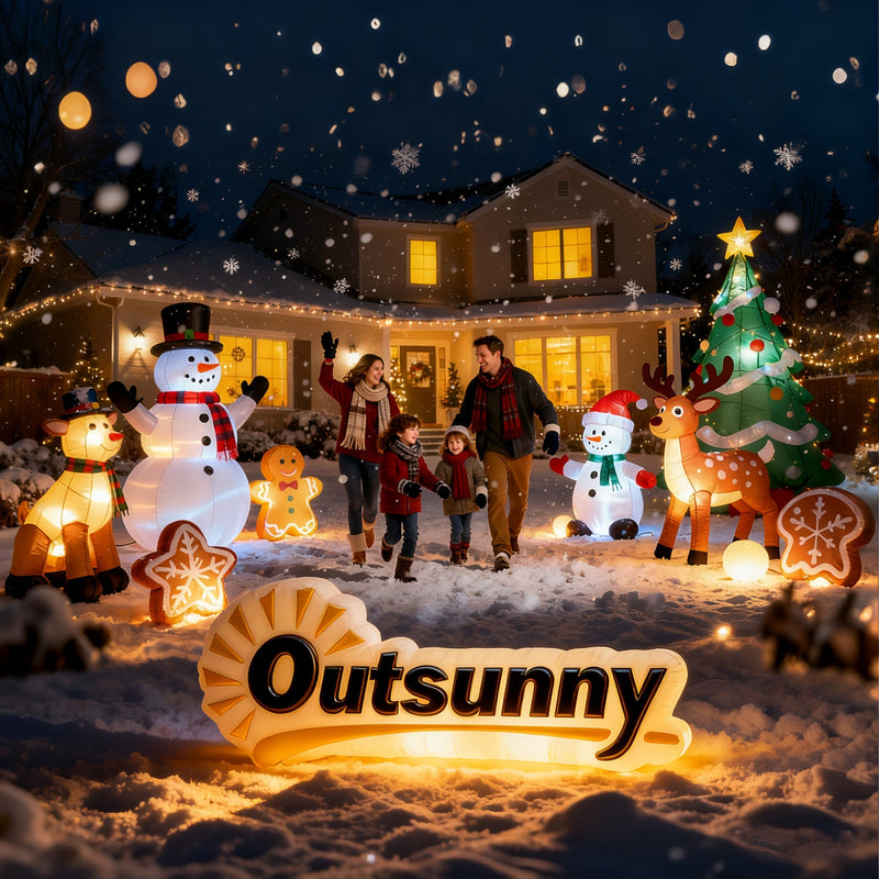 Outsunny logo with a family and other Christmas inflatables in a snowy garden