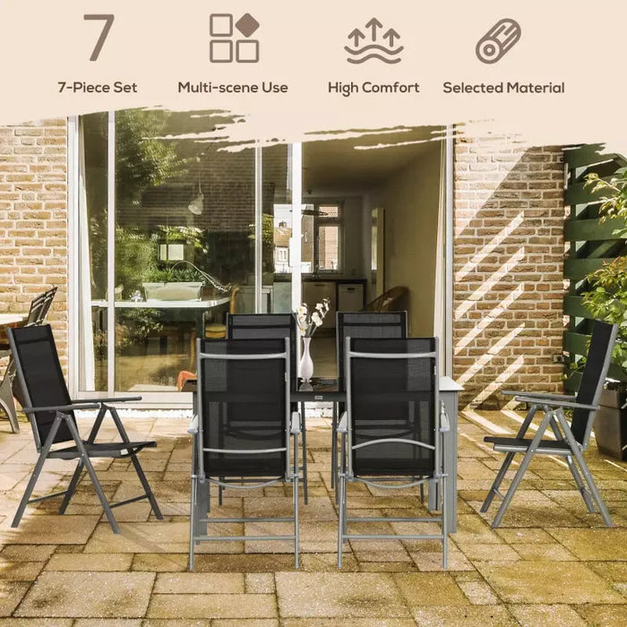 6 Seater Outdoor Dining Set with Reclining Chairs, Glass Table