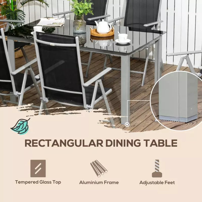 6 Seater Outdoor Dining Set with Reclining Chairs, Glass Table