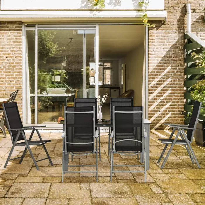 6 Seater Outdoor Dining Set with Reclining Chairs, Glass Table