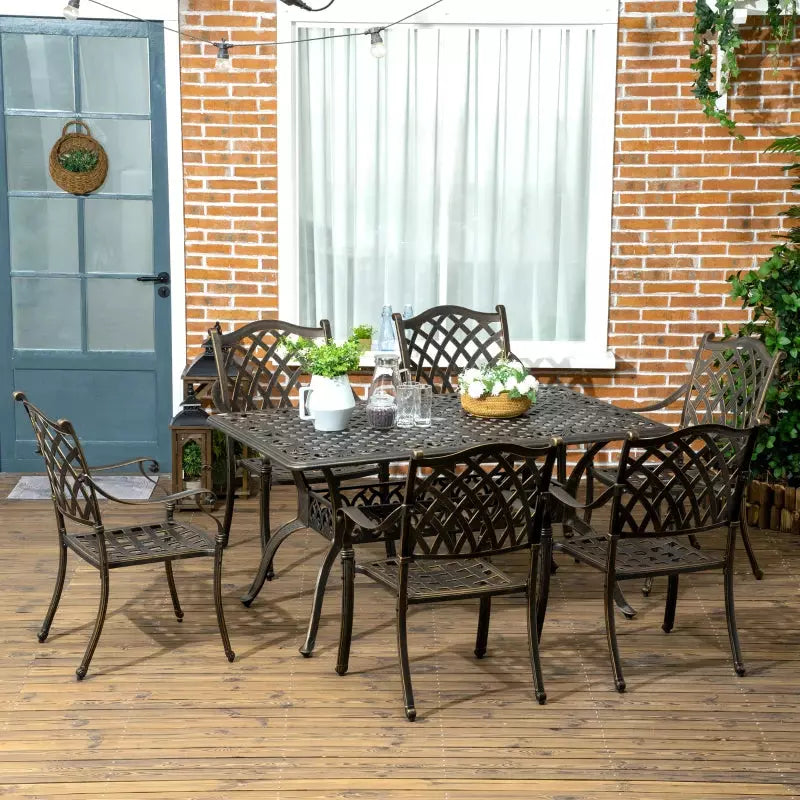 6 Seater Cast Aluminium Patio Dining Set - Bronze Outsunny