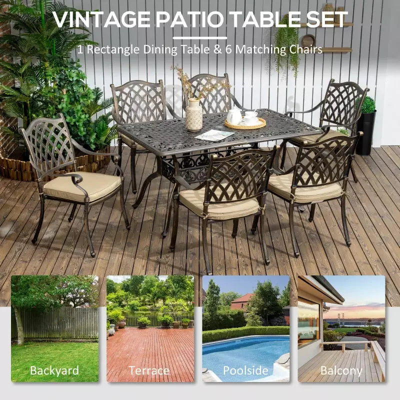 6 Seater Cast Aluminium Patio Dining Set - Bronze Outsunny
