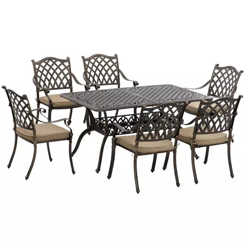6 Seater Cast Aluminium Patio Dining Set - Bronze Outsunny