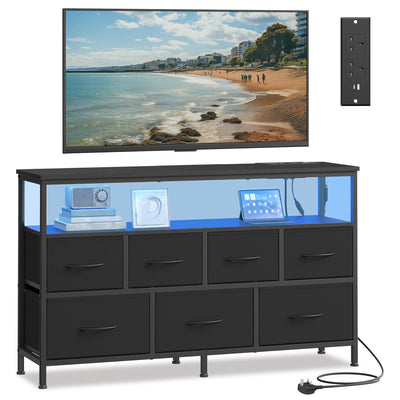 Ink black 7 drawer chest of drawers with blue LED lights, a TV on top and a power socket detail