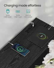 Tabletop charging panel with 1 USB-A port, 1 USB-C port and 2 AC sockets powering a phone and tablet