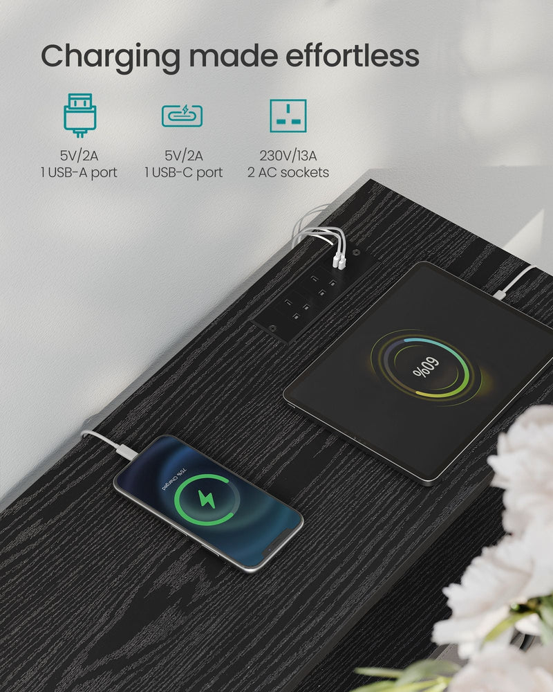 Tabletop charging panel with 1 USB-A port, 1 USB-C port and 2 AC sockets powering a phone and tablet