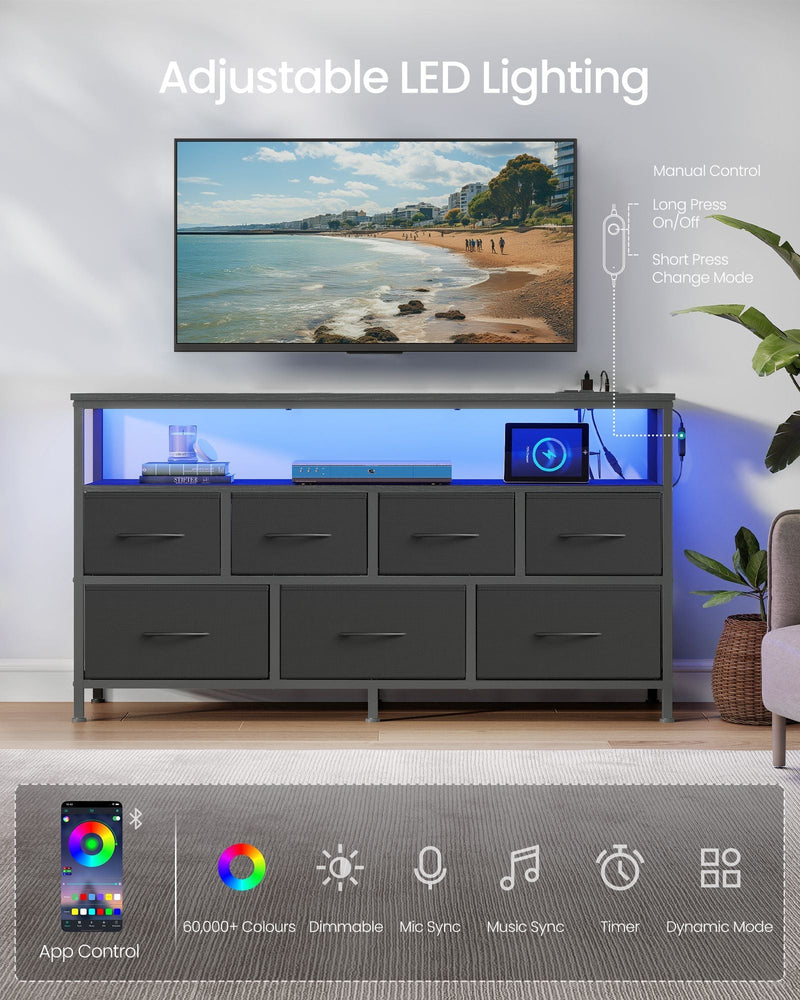 Chest of drawers with blue LED lighting, app control options and manual button instructions