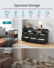 Storage infographic showing how much clothing the 3 large and 4 small drawers hold, with and without the chest