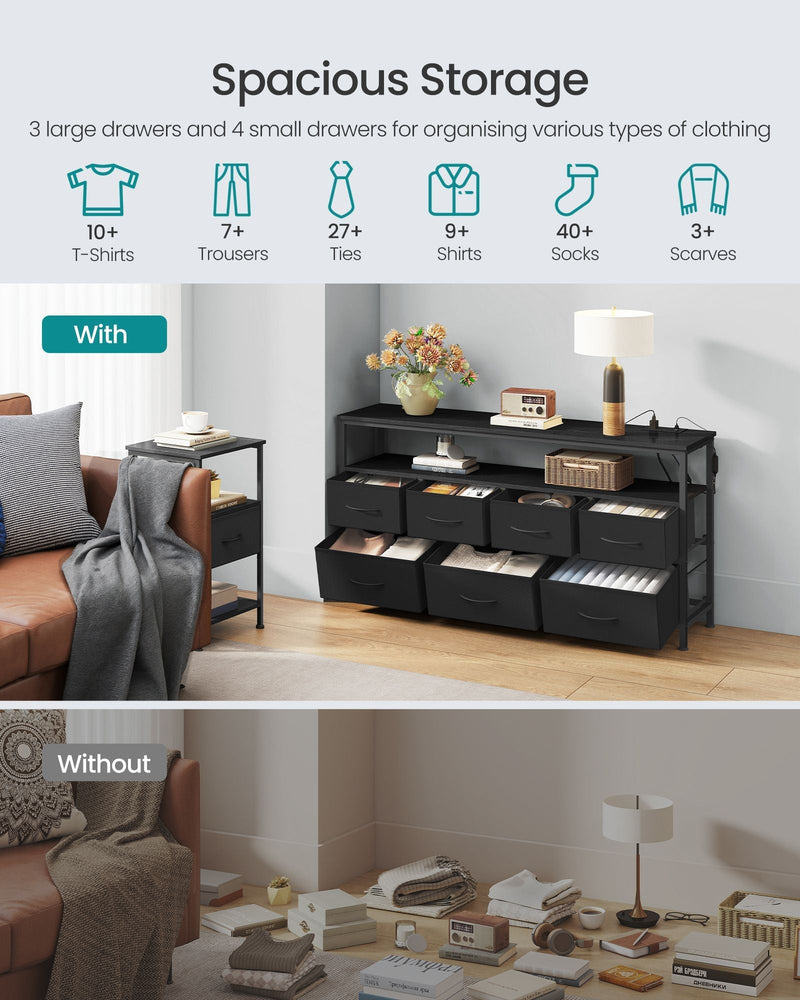 Storage infographic showing how much clothing the 3 large and 4 small drawers hold, with and without the chest