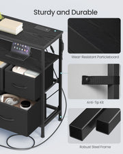 Close-ups of the particleboard top, anti-tip kit strap and steel frame legs
