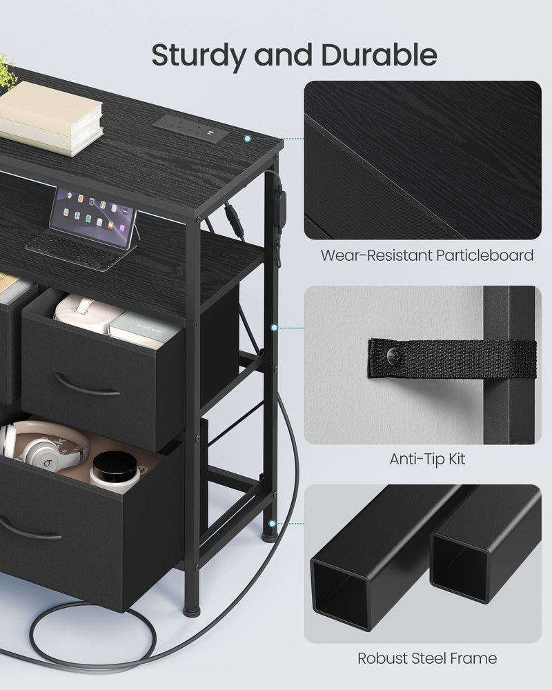 Close-ups of the particleboard top, anti-tip kit strap and steel frame legs