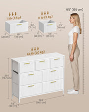 White 7-drawer chest dimensions diagram showing 98.7 x 30 x 74.7 cm and drawer sizes