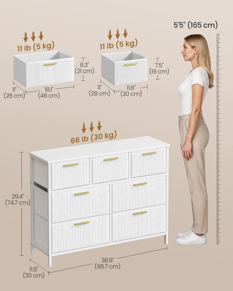 White 7-drawer chest dimensions diagram showing 98.7 x 30 x 74.7 cm and drawer sizes