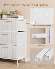 White chest side view showing the particleboard top, anti-tip strap and steel frame