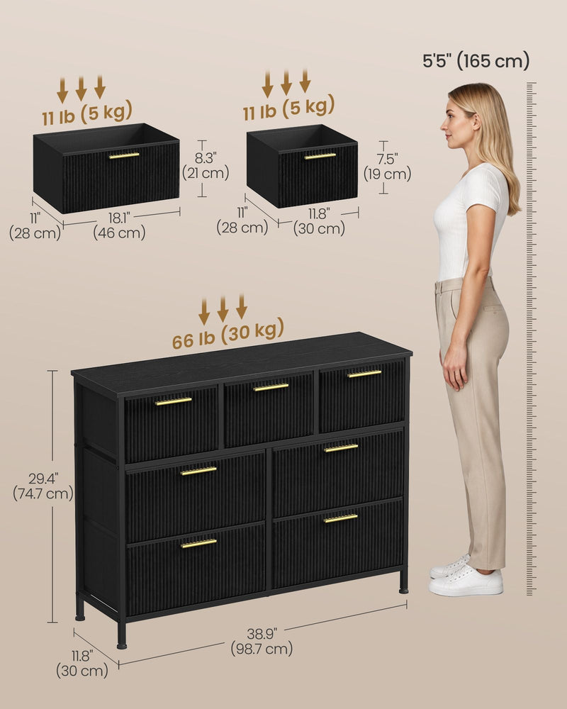Black 7-drawer chest dimensions diagram showing 98.7 x 30 x 74.7 cm and drawer sizes