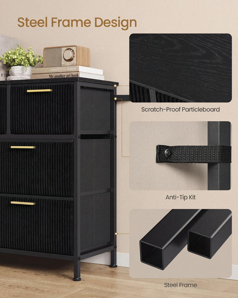 Black chest side view showing the particleboard top, anti-tip strap and steel frame