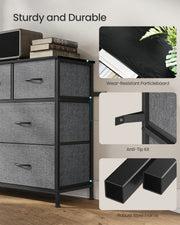 Close-ups of the particleboard top, anti-tip kit and steel frame legs