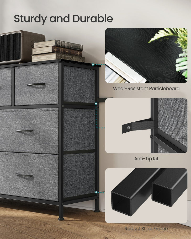 Close-ups of the particleboard top, anti-tip kit and steel frame legs