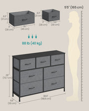 Dimensions diagram showing 98.8 cm width, 30 cm depth, 73.7 cm height and drawer sizes