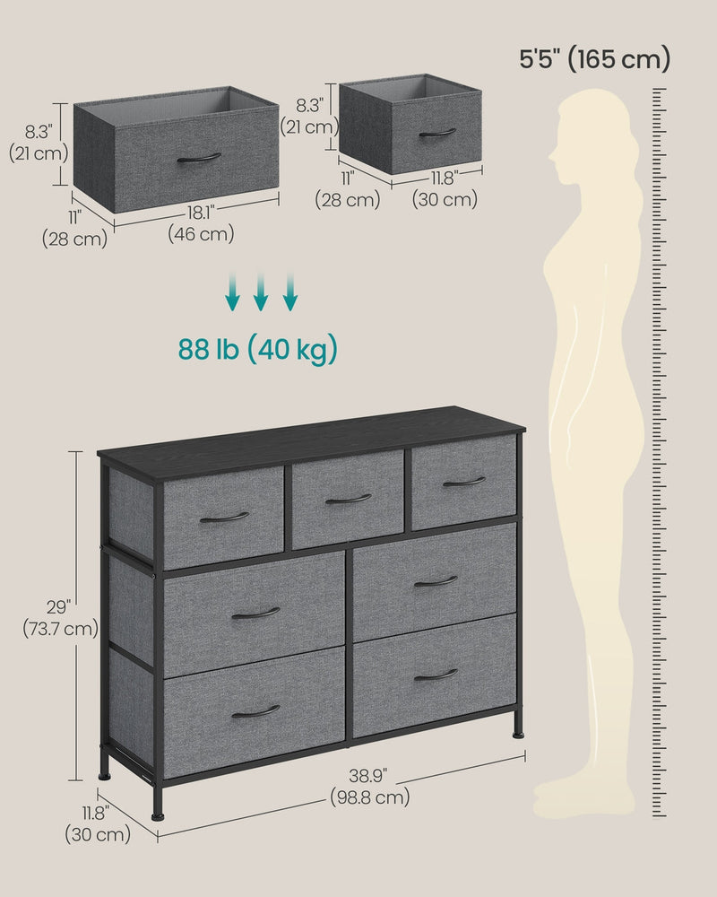 Dimensions diagram showing 98.8 cm width, 30 cm depth, 73.7 cm height and drawer sizes