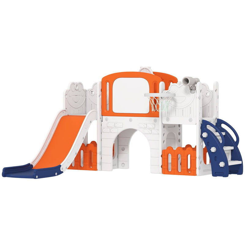 AIYAPLAY 7-in-1 orange and white kids slide set, front three-quarter studio view