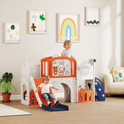 Two children playing on the orange AIYAPLAY slide set with telescope and drawing board
