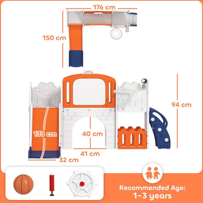 Dimension diagram of the AIYAPLAY slide set showing 176 x 150 x 94 cm and slide and tunnel sizes
