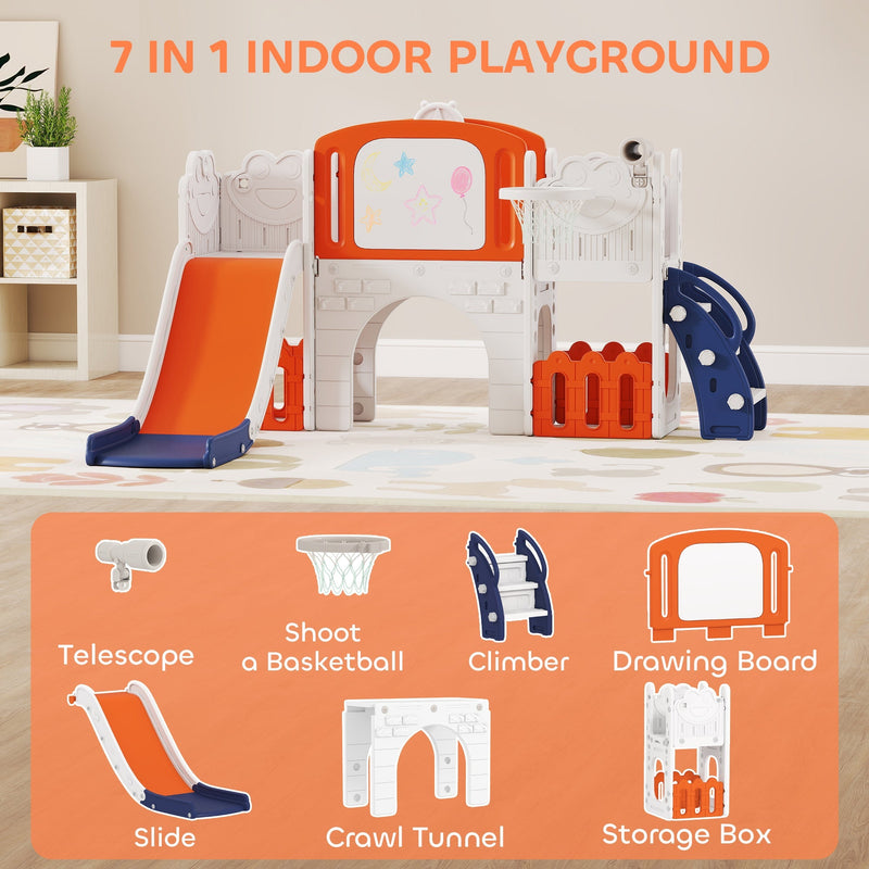 Collage showing the slide set's telescope, basketball hoop, climber, drawing board, slide, tunnel and storage box
