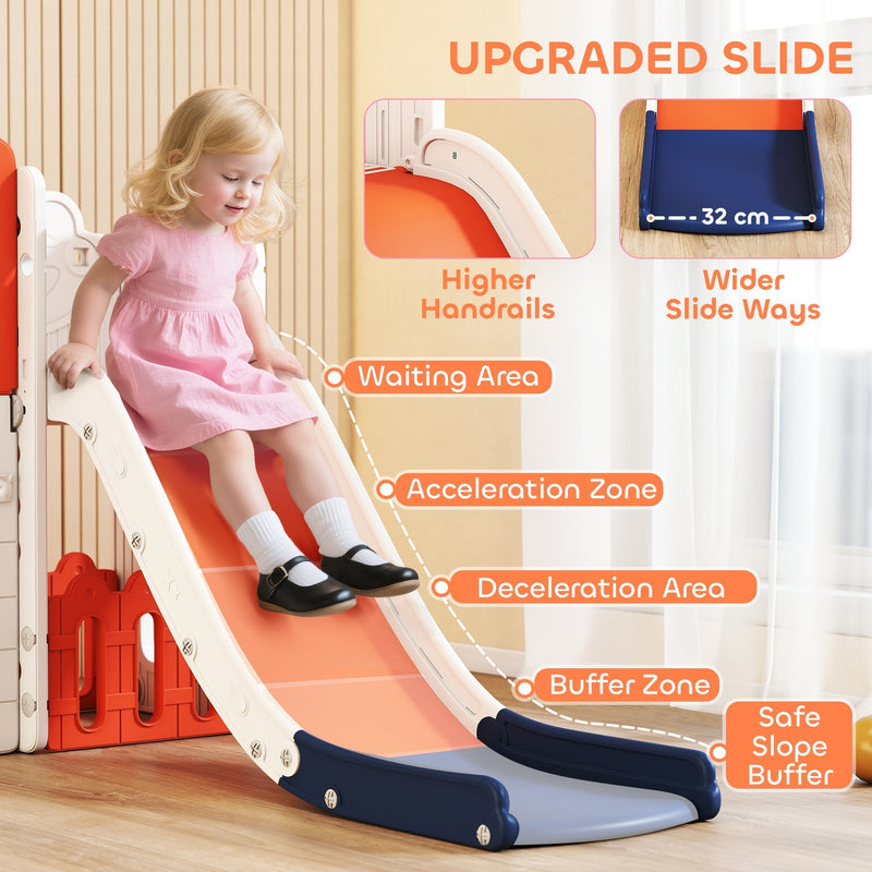Diagram showing the slide's handrails, 32 cm width and safety zones from top to bottom