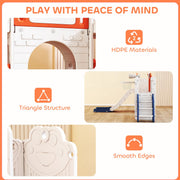 Collage showing the HDPE material, triangle frame structure and smooth edges of the slide set