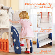 Close-up of the enclosed climbing steps and smooth crawl tunnel on the slide set