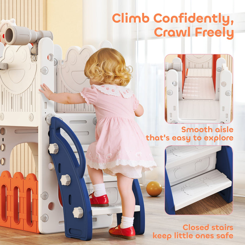 Close-up of the enclosed climbing steps and smooth crawl tunnel on the slide set