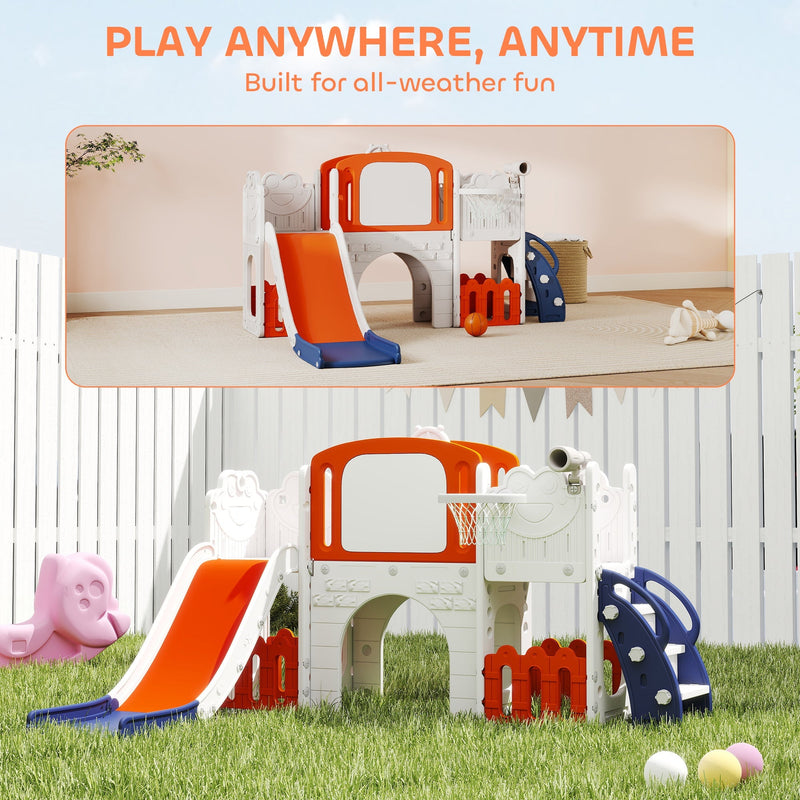 The AIYAPLAY slide set shown set up indoors and outdoors on grass