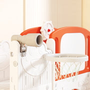 Close-up of the telescope and basketball hoop fitted to the slide set