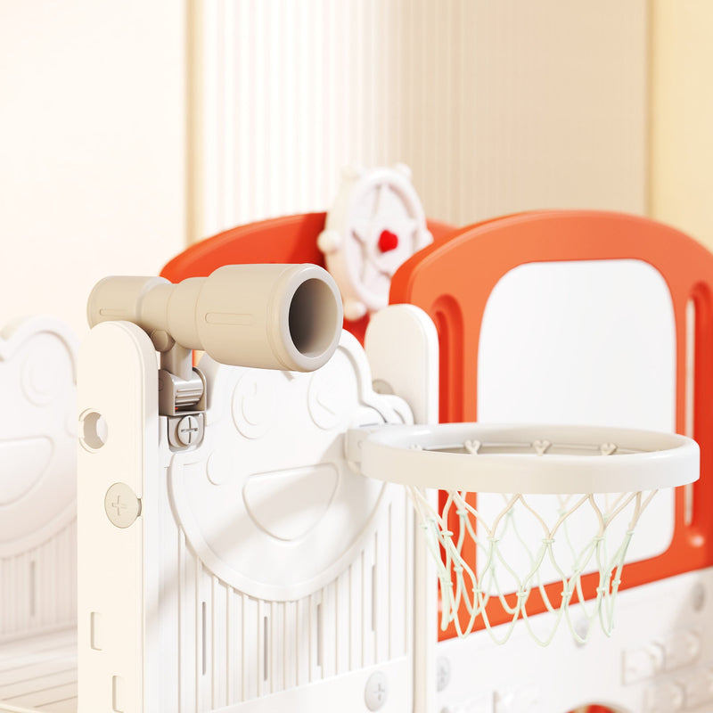 Close-up of the telescope and basketball hoop fitted to the slide set
