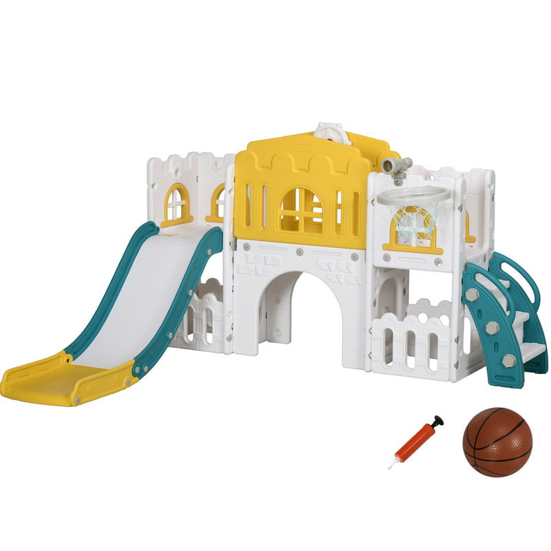 AIYAPLAY 7-in-1 toddler slide in yellow, white and teal with basketball and pump