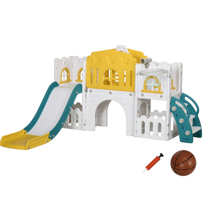 AIYAPLAY 7-in-1 toddler slide in yellow, white and teal with basketball and pump