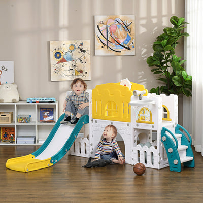 Two children playing on the toddler slide with basketball at home