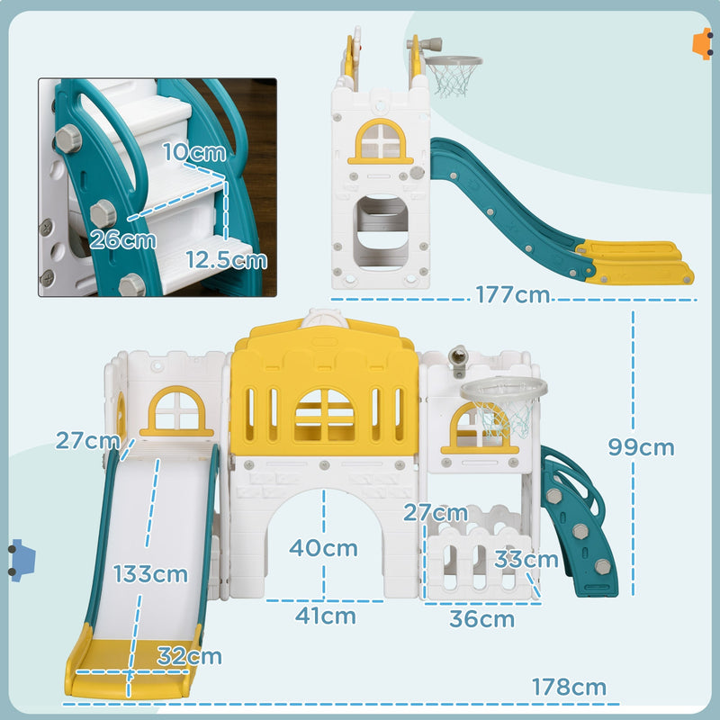 Dimension diagram of the 7-in-1 toddler slide, 178 x 177 x 99cm